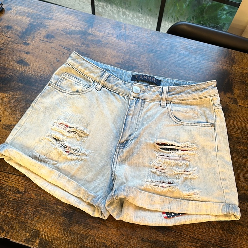 Size 27 TINSEL denim couture distressed shorts peekaboo American flag pockets